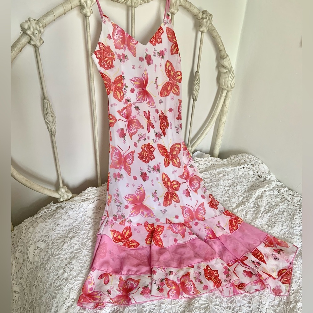 Vintage Y2k pink, red and white Butterfly and floral frilly Dress